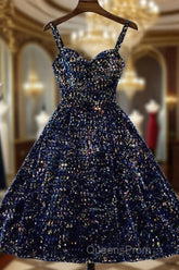 Glitter Navy Blue Sequin Short Evening Prom Dress