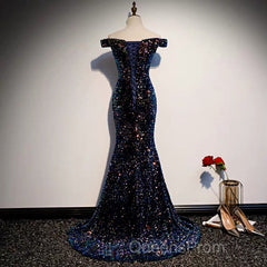 Glitter navy Sequins Off Shoulders Tight Fit Formal Evening Prom Dress