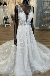 Gorgeous A-Line V-Neck Open Back Chapel Train Wedding Dress