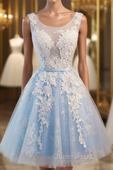 Light Blue Tulle Lace Applique Short Homecoming Dress with Straps