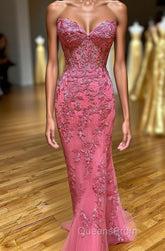 Coral Sweetheart Lace-Up Long Mermaid Evening Prom Dress with Appliques