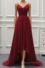 A Line High Low Tulle Evening Prom Dress with Train, Burgundy V Neck Backless Formal Dress