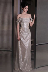 Short-Sleeve Off Shoulder Glitter A-Line Prom Dresses