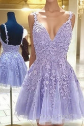 Lilac A-Line Spaghetti Straps Homecoming Dress With Appliques
