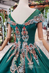 Luxury Green Round Neck Short Sleeves Evening Prom Dress with Beading