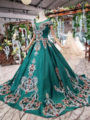 Luxury Green Round Neck Short Sleeves Evening Prom Dress with Beading
