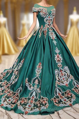 Luxury Green Round Neck Short Sleeves Evening Prom Dress with Beading