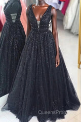 Black Sparkly V-neck For Mal Evening Prom Dress Pretty Princess Dress For Teens