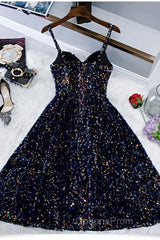 Glitter Spaghetti Straps Cute Short Evening Prom Dress Tight Tea Length Homecoming Dress