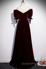 Modest Charming Burgundy Long Evening Prom Dress Vintage Evening Dress With Bowknot