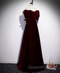 Modest Charming Burgundy Long Evening Prom Dress Vintage Evening Dress With Bowknot