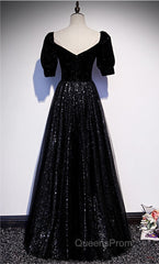 Modest Sparkly Black Long A-line Evening Prom Dress With Sleeves Evening Gowns