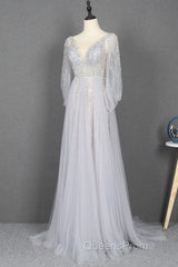 Amazing Long Gray Beading Evening Prom Dress Modest Evening Gowns