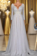 Amazing Long Gray Beading Evening Prom Dress Modest Evening Gowns