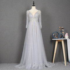 Amazing Long Gray Beading Evening Prom Dress Modest Evening Gowns