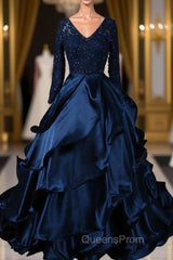 Formal V-neck Beading Lace Satin Backless Ball Gown Evening Prom Dress With Sleeves