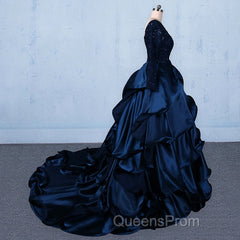 Formal V-neck Beading Lace Satin Backless Ball Gown Evening Prom Dress With Sleeves