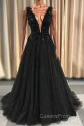 Formal Deep V-neck Long Black Party Evening Prom Dress With Lace Appliques