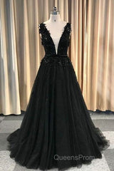 Formal Deep V-neck Long Black Party Evening Prom Dress With Lace Appliques