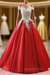 Modest Red Cap Sleeves Ball Gowns Lace Satin Evening Prom Dress Evening Dress