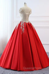 Modest Red Cap Sleeves Ball Gowns Lace Satin Evening Prom Dress Evening Dress