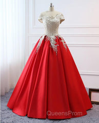 Modest Red Cap Sleeves Ball Gowns Lace Satin Evening Prom Dress Evening Dress