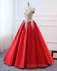 Modest Red Cap Sleeves Ball Gowns Lace Satin Evening Prom Dress Evening Dress