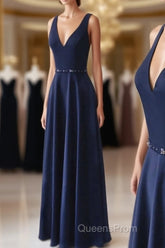 Navy Blue V-neck Floor Length Simple Cute Long Evening Prom Dress