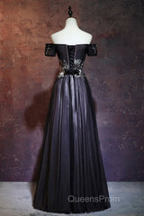 Beauty Off The Shoulder Floor Length Lace Up Long Black Evening Prom Dress With Appliques