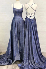 Beautiful Spaghetti Straps Backless Long Blue Party Evening Prom Dress