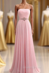 Elegant Strapless A-line Pink Chiffon Long Evening Prom Dress Girly Dress