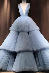 Modest Ball Gown Long V-neck Light Blue Princess Evening Prom Dress Quinceanera Dress