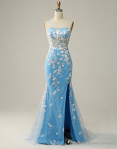 Mermaid Spaghetti Straps Key Hole Back Prom Dress With Split