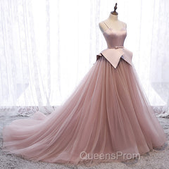Pink Spaghetti Straps Tulle Long Formal Evening Prom Dress, Unique Long Wedding Dess