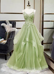 A-Line Tulle With Lace Applique Straps Long Party Dress, Green Tulle Evening Prom Dress
