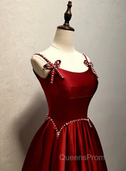 Wine Red Satin Straps Round Neckline Party Dress, Wine Red Long Evening Prom Dress