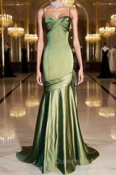 Green Chic Style Long Satin Sweetheart Party Dress, Green Formal Dress