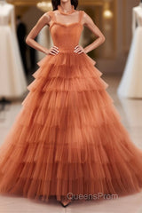 Unique High Neck Tulle Long Evening Prom Dress, Orange Formal Evening Dress