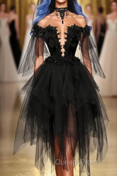Off Shoulder Lace Applique Black Tulle Short Homecoming Graduation Dress