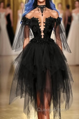 Off Shoulder Lace Applique Black Tulle Short Homecoming Graduation Dress