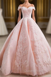 Gorgeous Pink Off The Shoulder Ball Gown Evening Prom Dress With Appliques