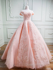 Gorgeous Pink Off The Shoulder Ball Gown Evening Prom Dress With Appliques