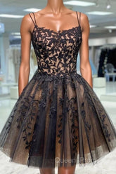 Black Spaghetti Straps Appliques Tulle Short Homecoming Dress