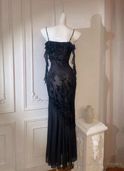 Chic Sheath Spaghetti Straps Black Evening Dress Long Prom Dresses