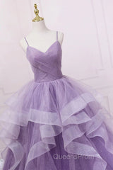 Princess Lavender Sparkly Spaghetti Straps Long Evening Prom Dress Floor Length Evening Gown