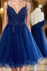 Dark Blue V Neck Short Evening Prom Dress With Beads Appliques,Blue Homecoming Dress