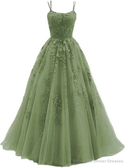Green Lace Applique Tulle Long Straps Cross Back Long Party Dress, Green Junior Prom Dress