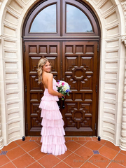 Halter Neck Pink Long Prom Dress Layered Senior Party Dress 2204