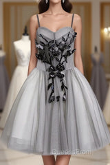 Gray Tulle Short A Line Evening Prom Dress, Homecoming Dress