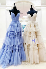 Sparkly Spaghetti Straps Tiered Tulle Evening Prom Dress, New Long Party Gown